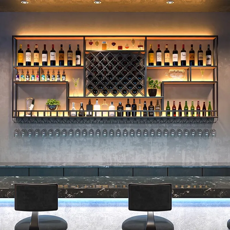 现代设计商业酒馆酒吧俱乐部家具多层铁制壁挂式酒架木质家居家具